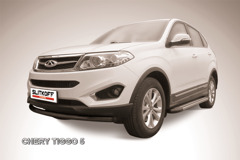 Защита Slitkoff переднего бампера d57 радиусная ЧЕРНАЯ матовая для Chery Tiggo 5 2014-2020. Артикул CT5-003B