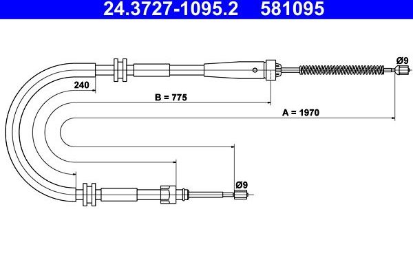 Трос ручника (тросик ручного тормоза) ATE задний для Renault Kangoo II 2008-2026. Артикул 24.3727-1095.2