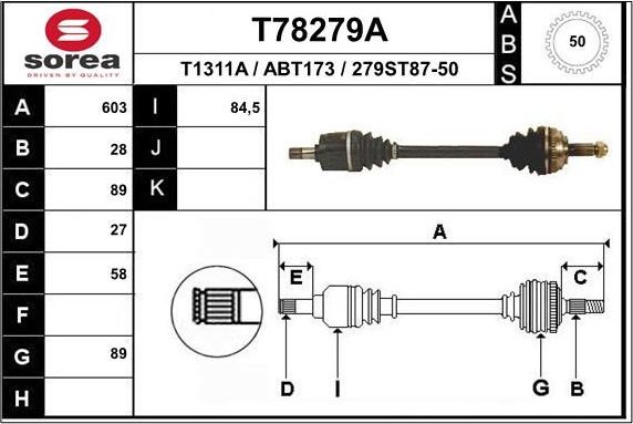 Полуось (привод в сборе, приводной вал) EAI. Артикул T78279A
