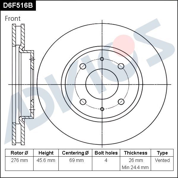Тормозной диск Advics передний для Mitsubishi Lancer IX 2003-2013. Артикул D6F516B