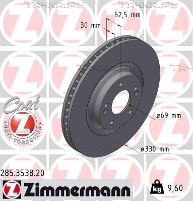 Тормозной диск Zimmermann Coat Z передний для Hyundai i30 III 2017-2026. Артикул 285.3538.20
