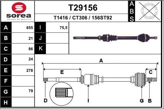 Полуось (привод в сборе, приводной вал) EAI. Артикул T29156