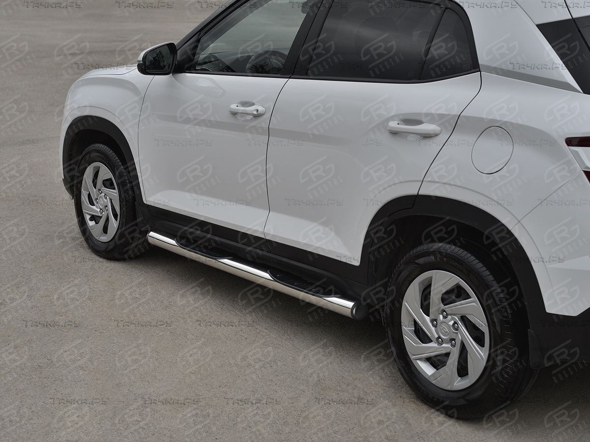 Защита порогов RusStal труба d76 с накладкой (вариант 2) для Hyundai Creta II 2021-2026. Артикул HCRT-0038242