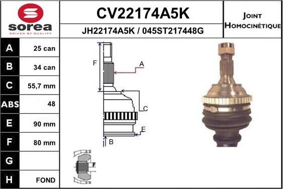 Шрус внутренний (граната) EAI передний для Peugeot 406 I 1999-2004. Артикул CV22174A5K