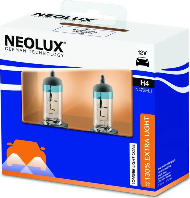 ЛАМПА ГАЛОГЕН.H4 12 V 60/55 W EXTRA LIGHT +130% (P43T) (2 ШТ.) (NEOLUX Neolux. Артикул N472EL12SCB