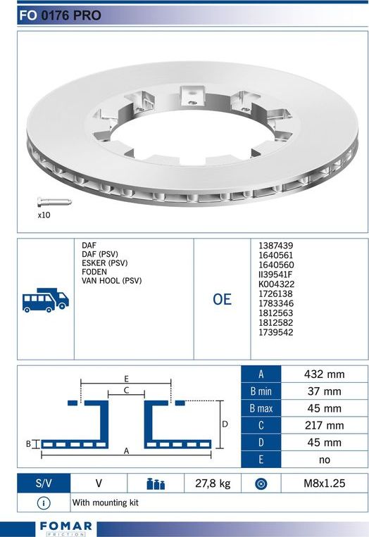 Тормозной диск Fomar. Артикул FO 0176 PRO