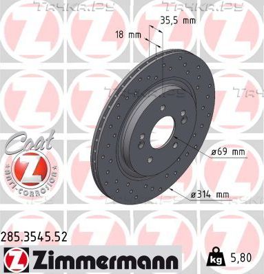 Тормозной диск Zimmermann SPORT Z задний для Hyundai Santa Fe IV 2018-2026. Артикул 285.3545.52