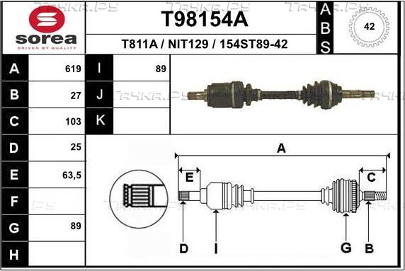 Полуось (привод в сборе, приводной вал) EAI передняя левая для Nissan Primera P10 1990-1998. Артикул T98154A