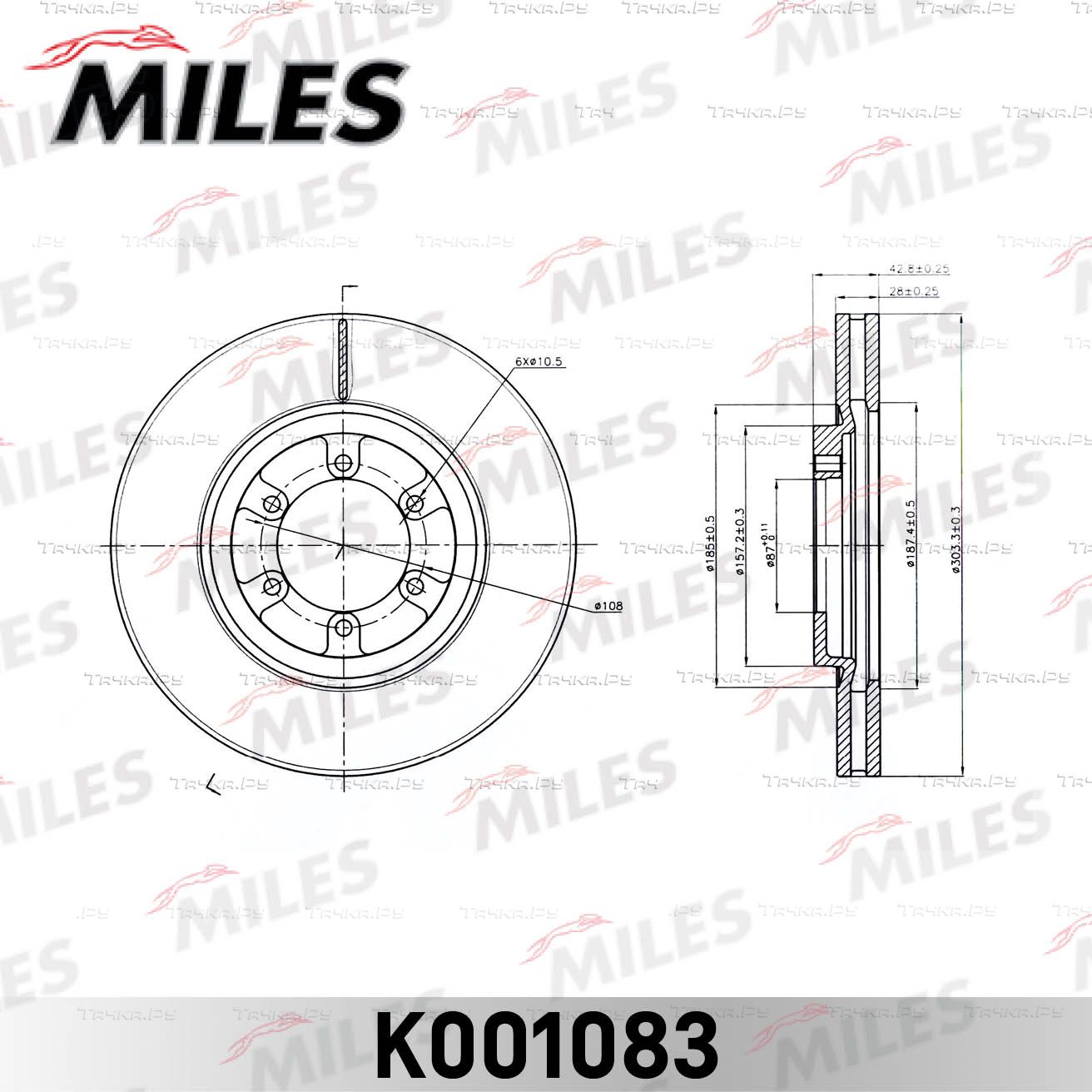 Тормозной диск Miles передний для Hyundai Terracan I 2001-2006. Артикул K001083