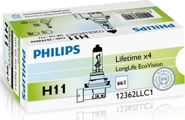 H11 12V-55W (PGJ19-2) (увелич. срок службы) LongLife EcoVision Philips LongLife EcoVision. Артикул 12362LLECOC1