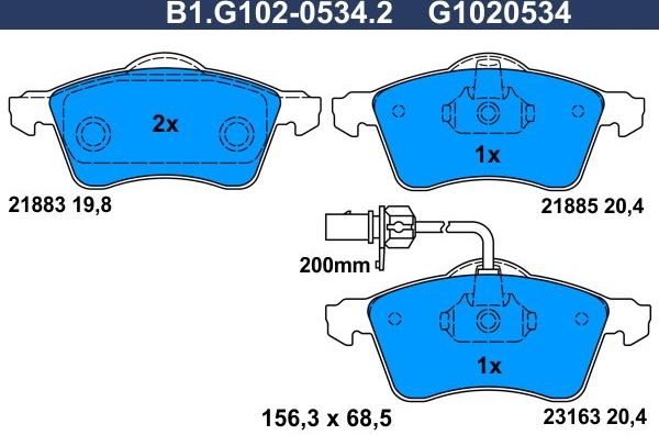 Тормозные колодки Galfer передние для Volkswagen Transporter T4 1990-2003. Артикул B1.G102-0534.2