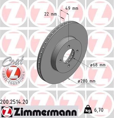 Тормозной диск Zimmermann Coat Z передний для Nissan Almera N16 2000-2006. Артикул 200.2514.20