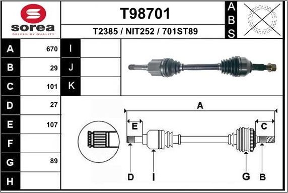 Полуось (привод в сборе, приводной вал) EAI. Артикул T98701