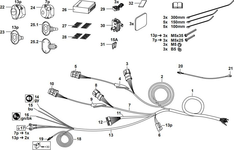 Штатная электрика фаркопа Westfalia (полный комплект) 7-полюсная для Hyundai Tucson III рестайлинг 2018-2021. Артикул 346149300107
