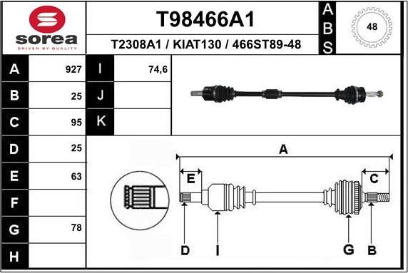 Полуось (привод в сборе, приводной вал) EAI. Артикул T98466A1