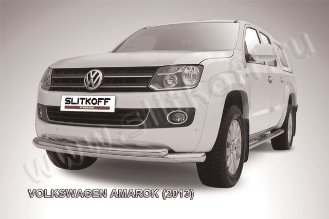 Защита Slitkoff переднего бампера d76/57 двойная радиусная для Volkswagen Amarok 2010-2015. Артикул VWAM13-002