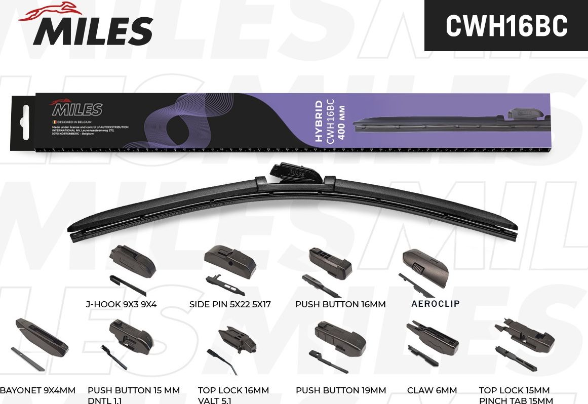 Щётка стеклоочистителя 400 мм (16) гибридная (10 адаптеров) (Miles). Артикул CWH16BC