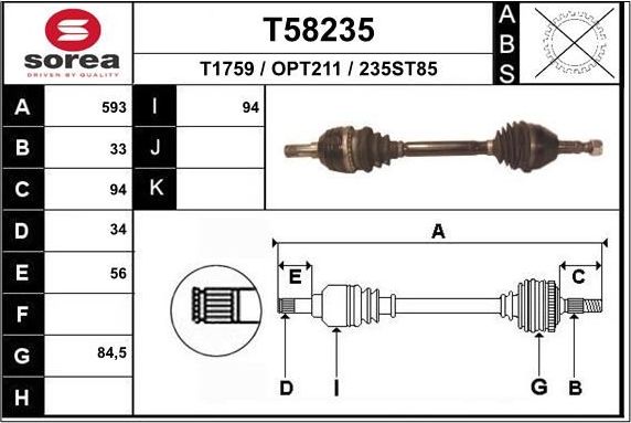 Полуось (привод в сборе, приводной вал) EAI. Артикул T58609