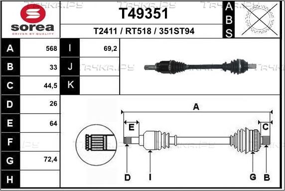 Полуось (привод в сборе, приводной вал) EAI. Артикул T49351