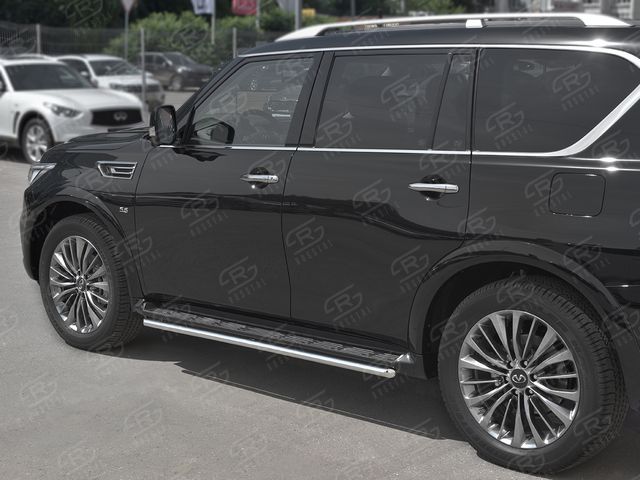 Защита RusStal порогов d42 для Infiniti QX80 I рестайлинг 2018-2025. Артикул IQX8T-003011