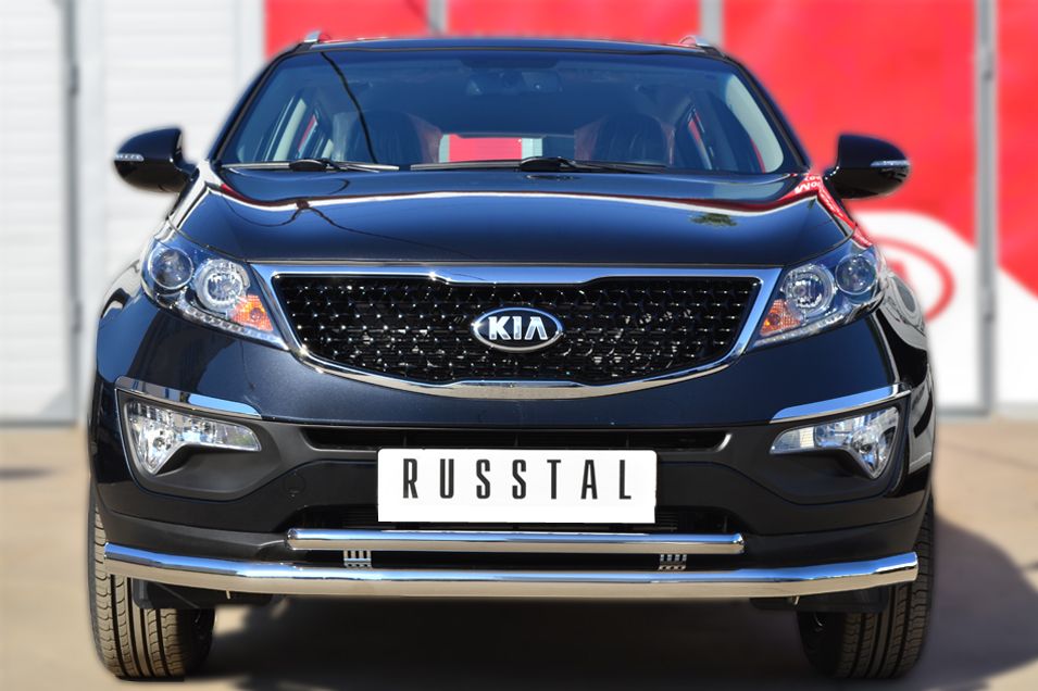 Защита RusStal переднего бампера d63 (секции) 42 (дуга) для Kia Sportage III 2014-2026. Артикул KSGZ-001668
