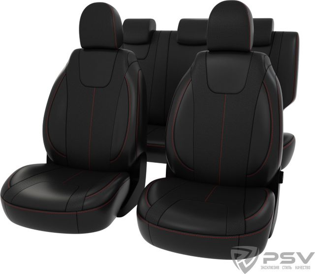 Чехлы PSV Оригинал на сидения для Lada Vesta седан 2015-2024, цвет Черный/отстрочка красная. Артикул 128616