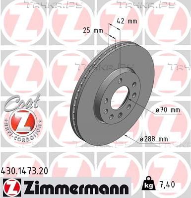 Тормозной диск Zimmermann Coat Z передний для Saab 9-5 I 1997-2009. Артикул 430.1473.20