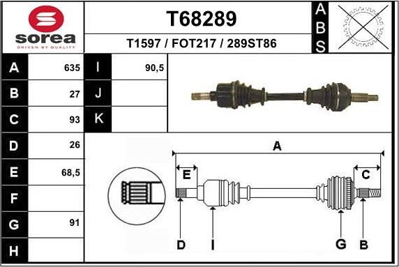 Полуось (привод в сборе, приводной вал) EAI. Артикул T68289