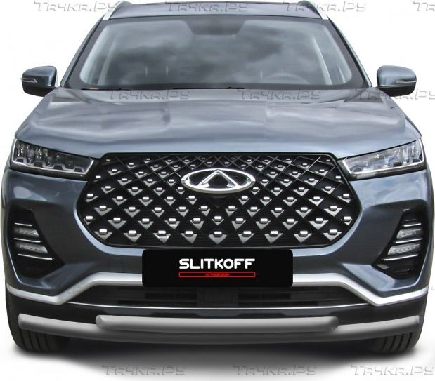 Защита Slitkoff переднего бампера d57+d42 двойная для Chery Tiggo 7 Pro 2020-2026 Серебристая. Артикул CT7PR-002S