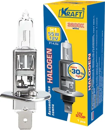 Автолампа H1 +30% 12v 55w (P14,5s) (Kraft). Артикул KT700065