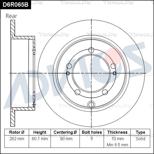 Тормозной диск Advics для Mitsubishi Outlander XL 2006-2012. Артикул D6R065B
