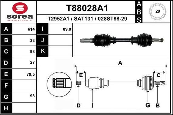 Полуось (привод в сборе, приводной вал) EAI. Артикул T88028A1