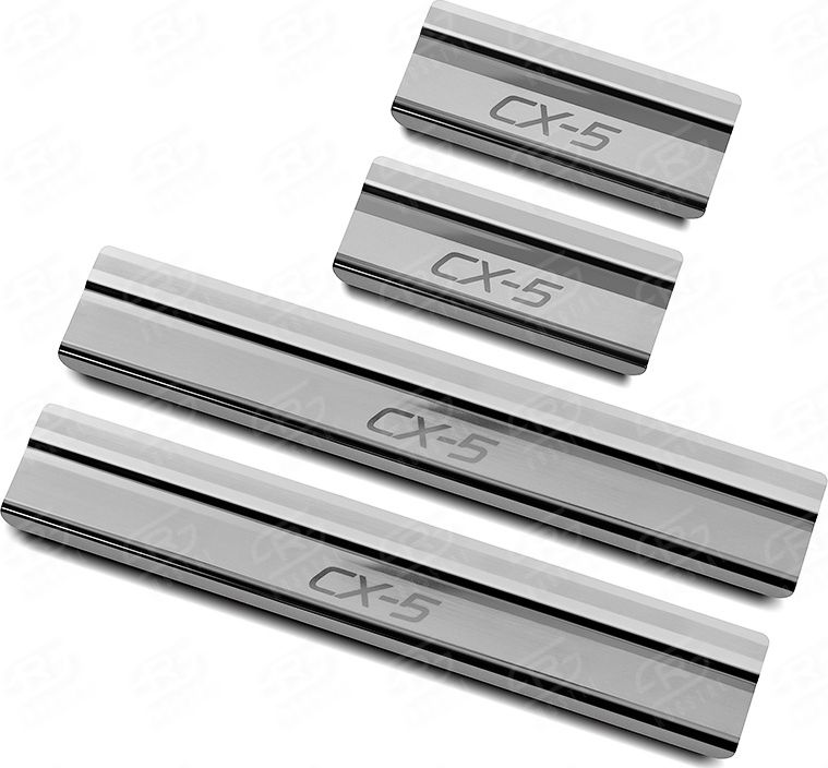 Накладки RusStal на пороги (лист нерж. шлифованный с надписью) для Mazda CX-5 II 2017-2026. Артикул MZDCX517-03