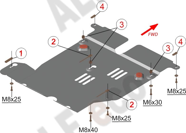 Защита алюминиевая Alfeco для кислородного датчика и катализатора Nissan Terrano 2WD 2014-2026. Артикул ALF.15.54 AL4