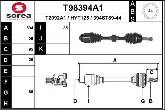 Полуось (привод в сборе, приводной вал) EAI. Артикул T98394A1
