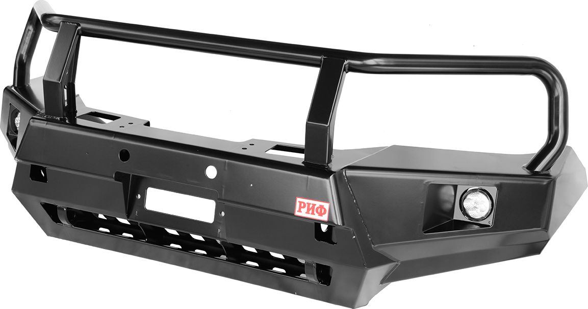 Бампер силовой РИФ передний с доп. фарами, защитной дугой и защитой бачка омывателя для Toyota Hilux VIII 2015-2026. Артикул RIFREV-10350