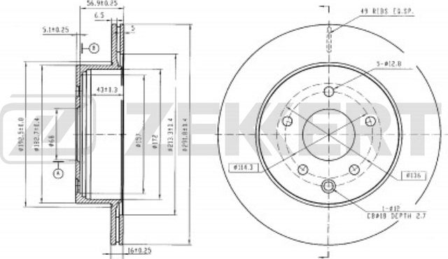 Тормозной диск Zekkert задний для Nissan Leaf I (ZE0/AZE0) 2010-2017. Артикул BS-5036B