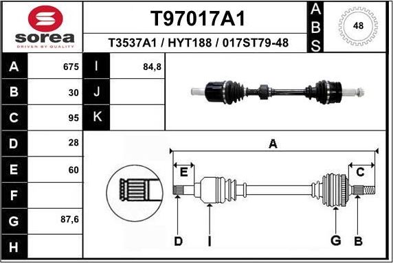 Полуось (привод в сборе, приводной вал) EAI. Артикул T97017A1