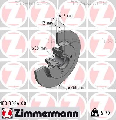 Тормозной диск Zimmermann задний для Peugeot Partner II 2008-2018. Артикул 180.3024.00