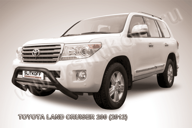 Кенгурятник Slitkoff d76 низкий широкий с перемычкой ЧЕРНЫЙ матовый для Toyota Land Cruiser 200 2012-2013. Артикул TLC2-12-008B