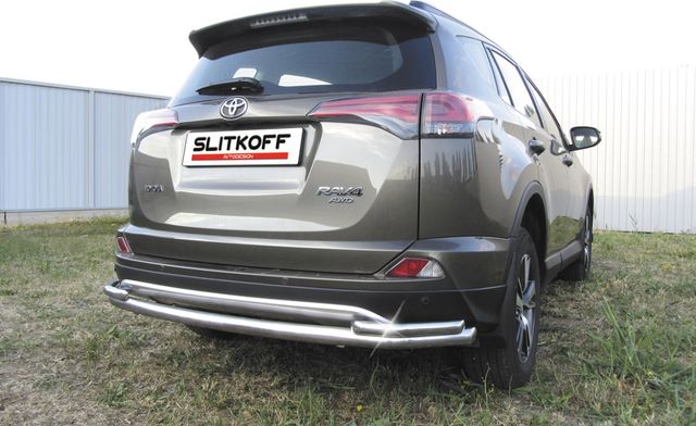 Защита Slitkoff заднего бампера d57+d42 двойная длинная для Toyota RAV4 IV рестайлинг 2015-2019. Артикул TR415-007