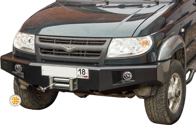 Бампер силовой Podgotoffka передний с доп. фарами и площадкой лебедки для УАЗ Patriot 2005-2014. Артикул PGT-SB.07.01