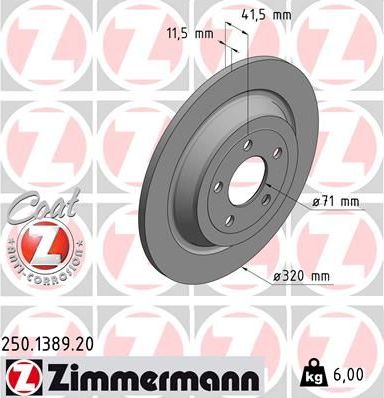 Тормозной диск Zimmermann Coat Z задний для Ford Mustang VI 2015-2026. Артикул 250.1389.20