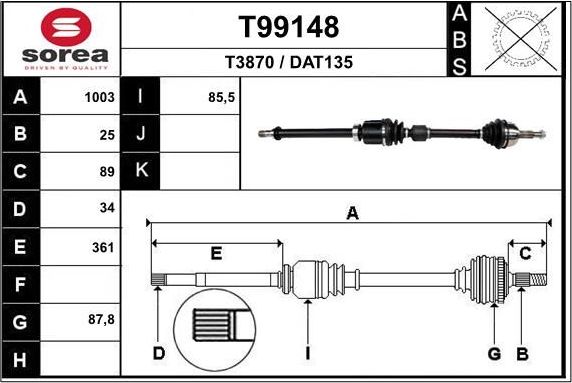 Полуось (привод в сборе, приводной вал) EAI. Артикул T99148