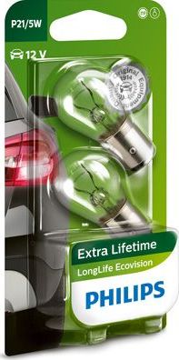 P21/5W 12V-21/5W (BAY15d) (увелич. срок службы) LongLife EcoVision блистер (2шт.) Philips LongLife EcoVision. Артикул 12499LLECOB2