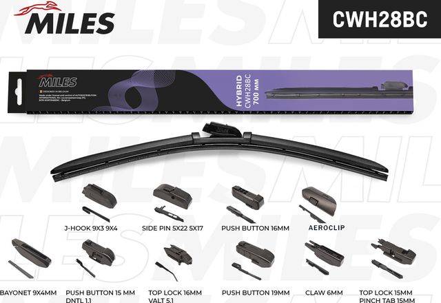 Щётка стеклоочистителя 700 мм (28) гибридная (10 адаптеров) (Miles). Артикул CWH28BC