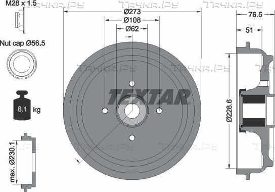 Тормозной барабан Textar задний для Peugeot 208 I 2012-2019. Артикул 94037900