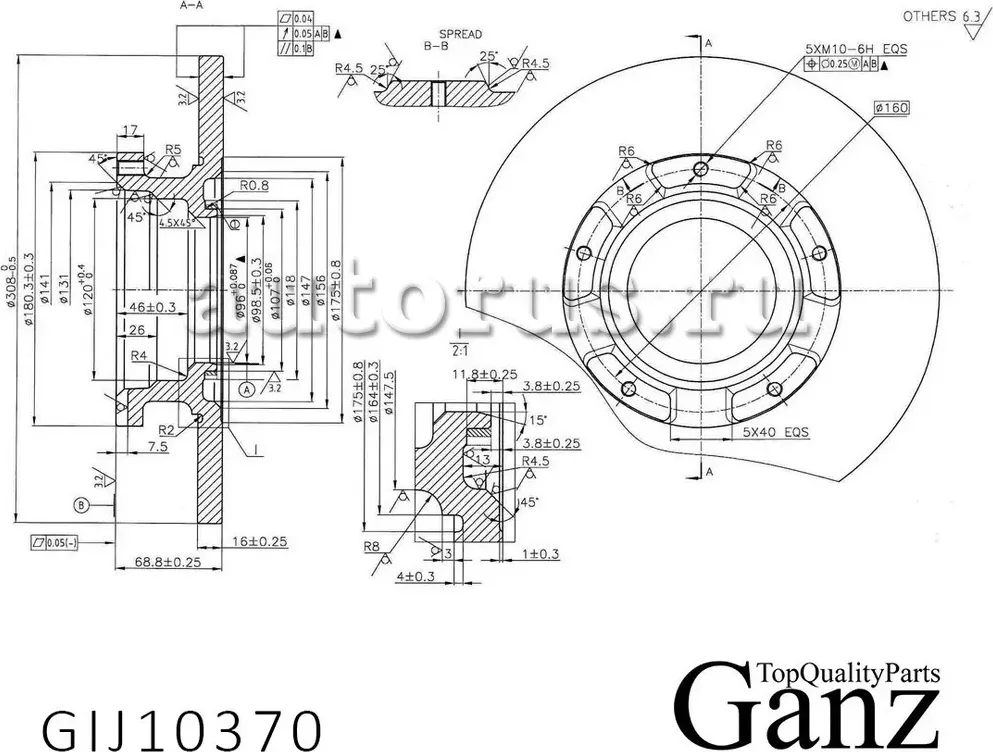 Диск тормозной задний с покрытием FORD Transit 2014-/D=308mm GANZ GIJ10370 Ganz. Артикул GIJ10370