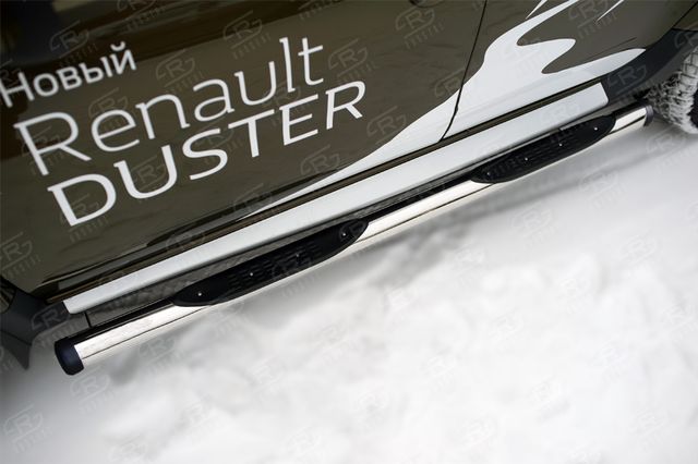 Защита порогов RusStal труба d76 с накладками (вариант 2) для Renault Duster I рестайлинг 2015-2020. Артикул RDT-0021792