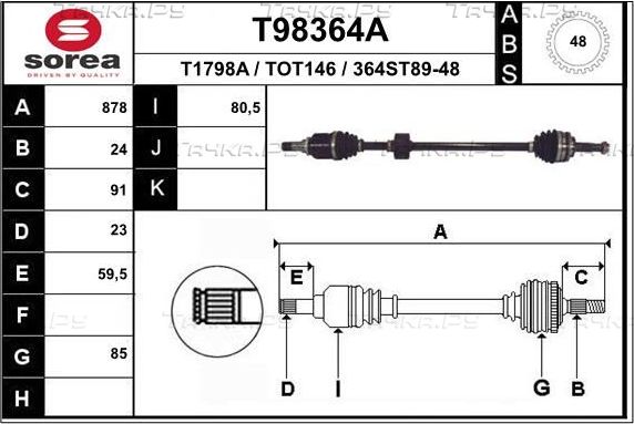 Полуось (привод в сборе, приводной вал) EAI передняя правая для Toyota Yaris II 2005-2012. Артикул T98364A